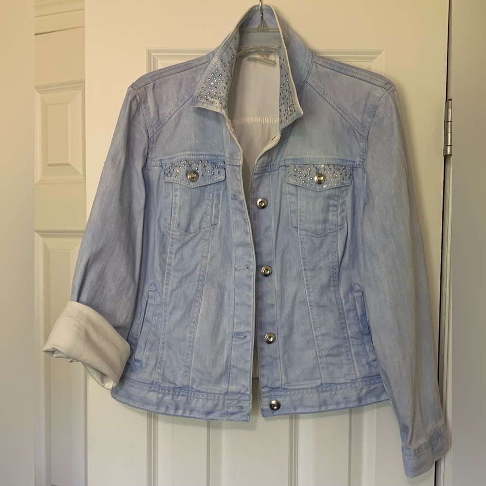 Chicos Platinum L Bedazzled Jean Jacket Light Blue White